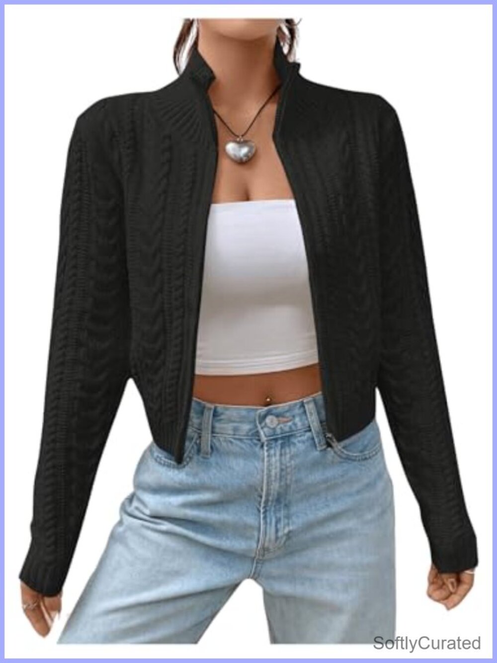 Cropped Cable Knit Zip Cardigan Long Sleeve Fall Sweater